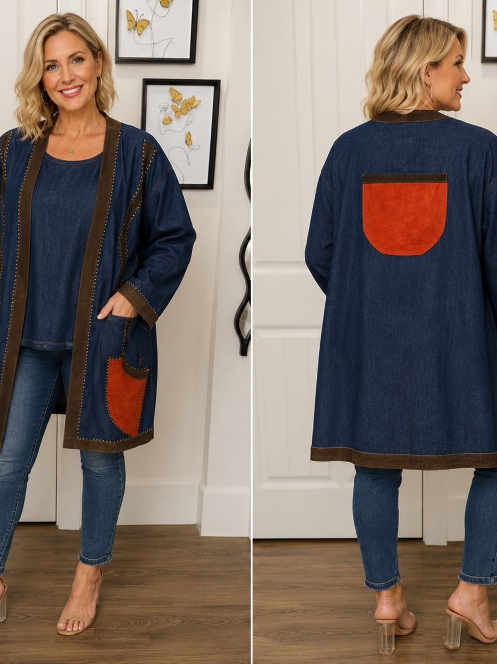 Denim Longline Jacket With Attached Dress/top with Rust Patch Pocket - Women
